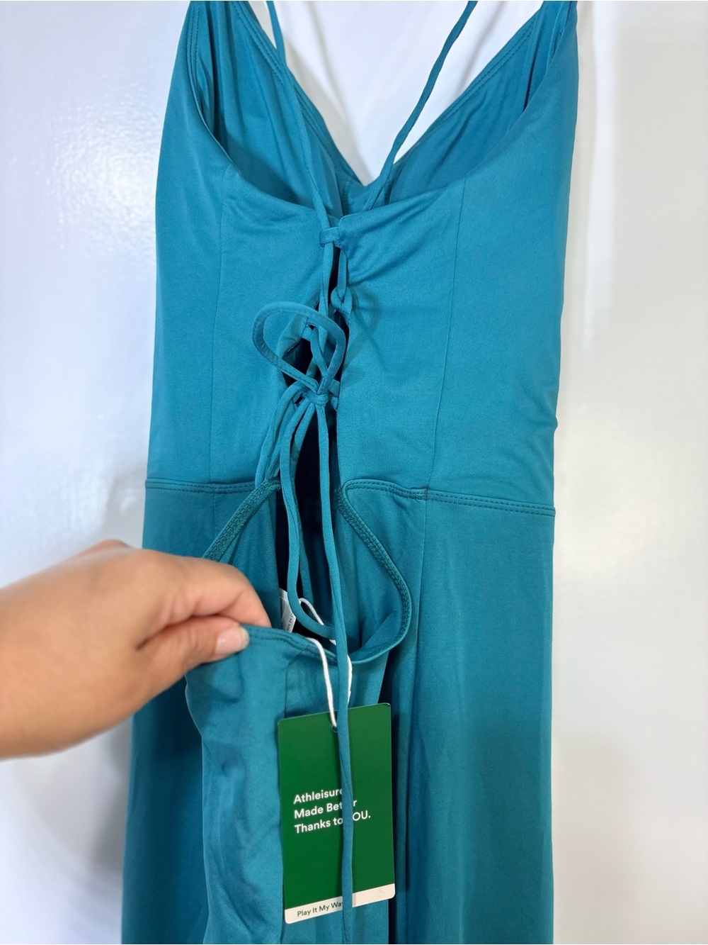 Halara Wide Leg Cowl Neck Crisscross Back Teal Removable Pads Jumpsuit NWT Sz M - Picture 7 of 13